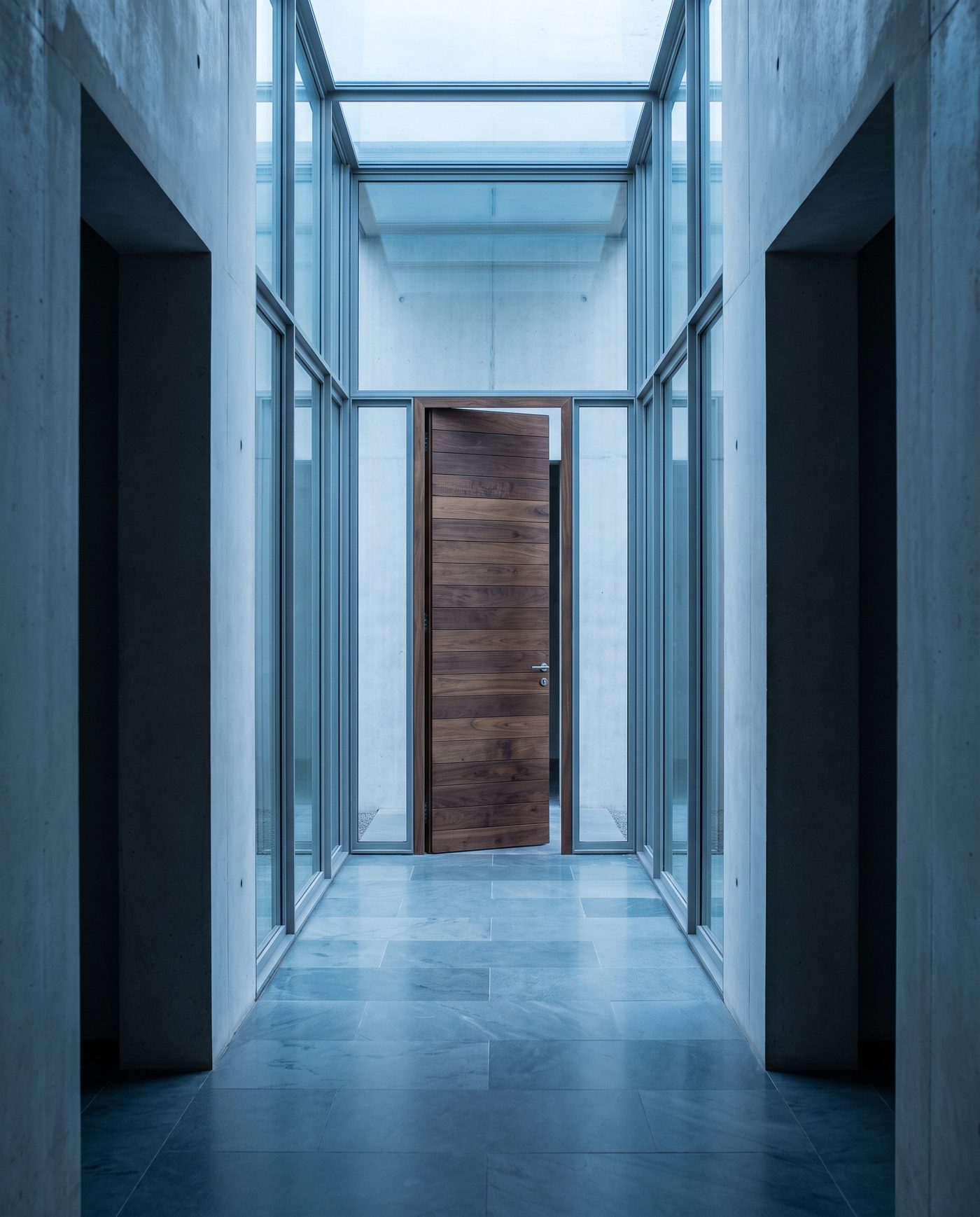 A single door left ajar at the end of a quiet pale corridor.