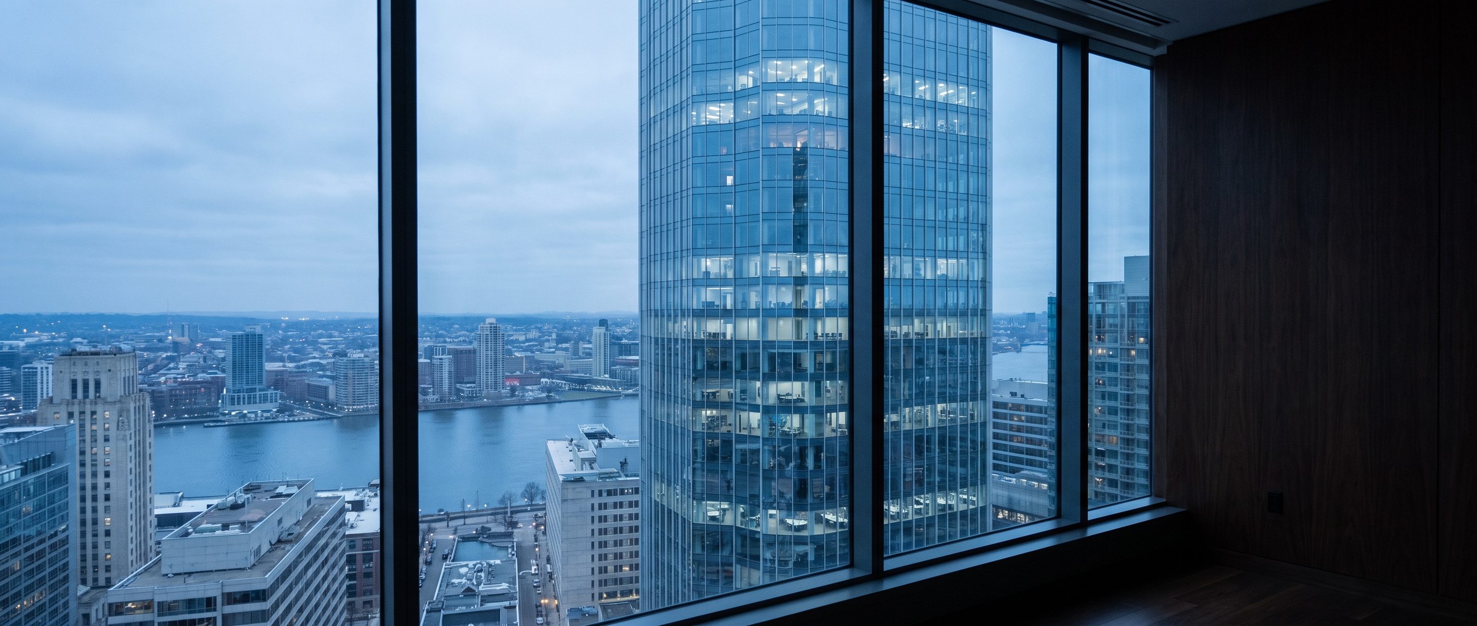 A glass office tower at blue hour seen from a high window.