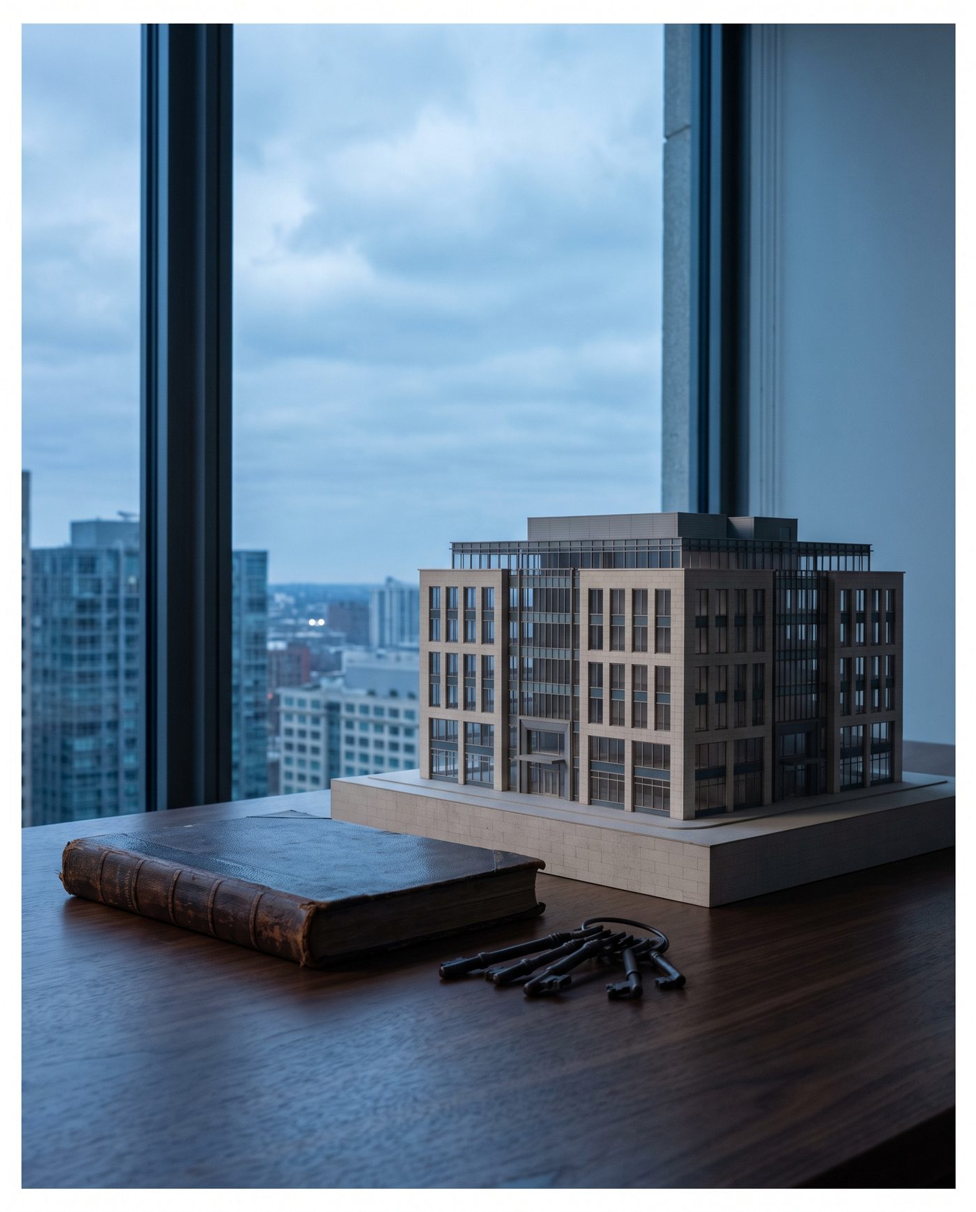 A closed ledger and a set of keys on a walnut desk beside a small maquette of an office building.