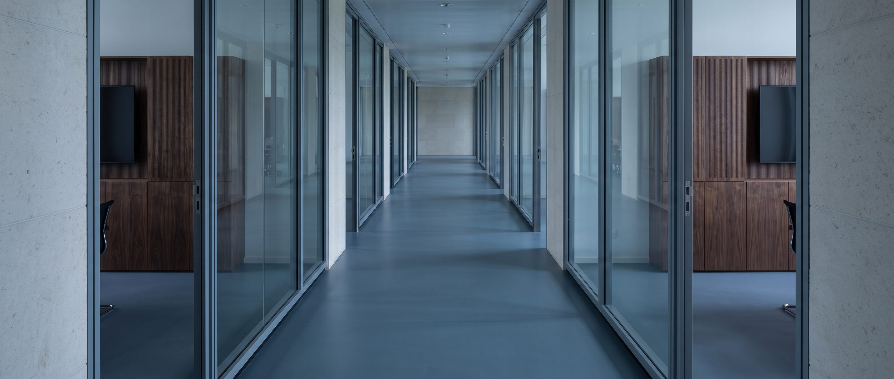 A row of glass-walled meeting rooms along a quiet corridor.