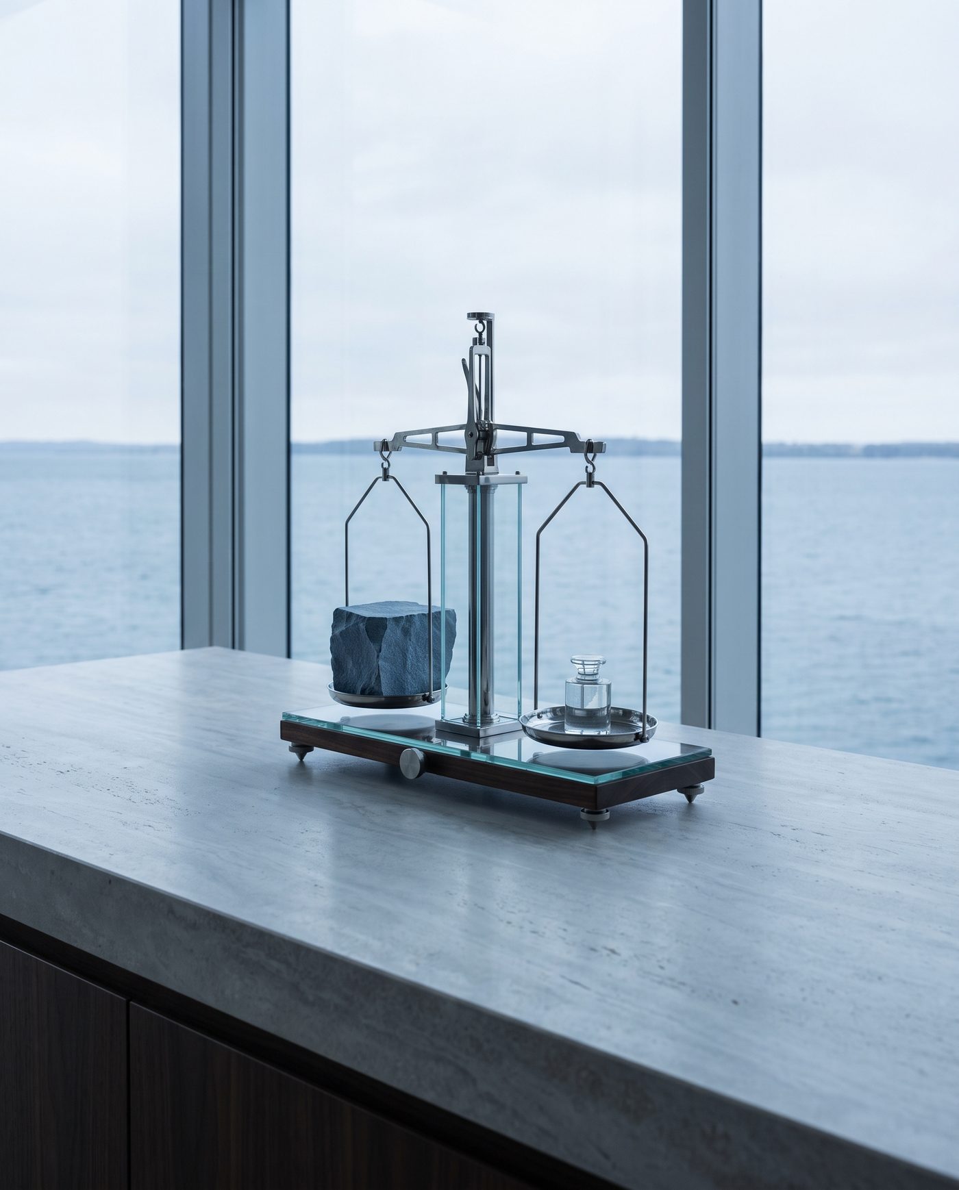 A steel scale balanced level on a pale stone counter, nothing else on the surface.