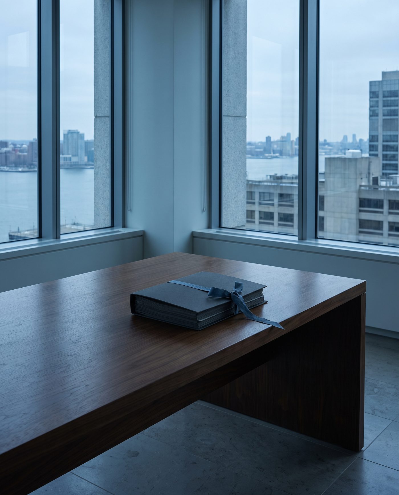 A closed contract folder tied with a ribbon on a bare walnut desk.
