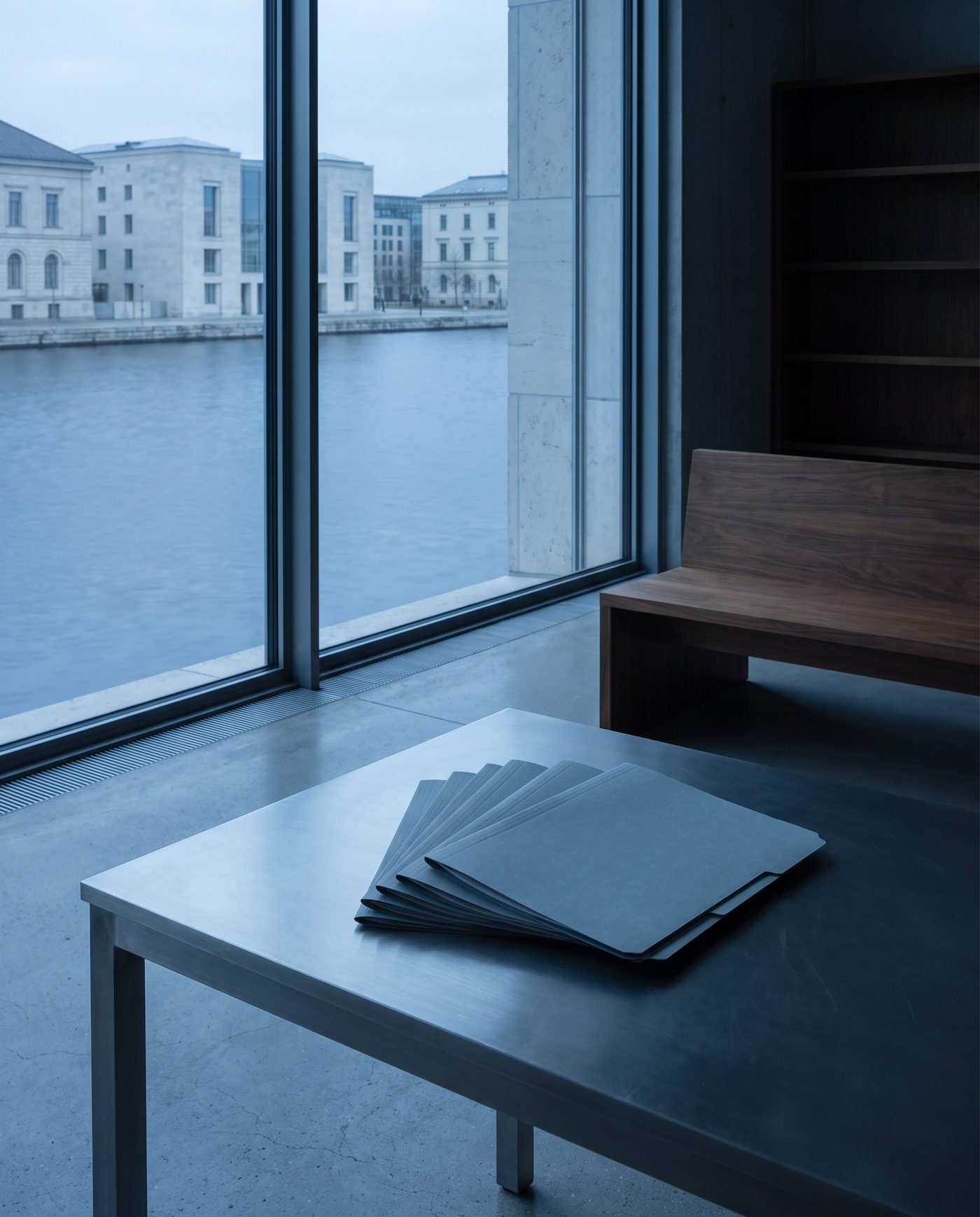 A stack of identical folders fanned slightly on a steel table.