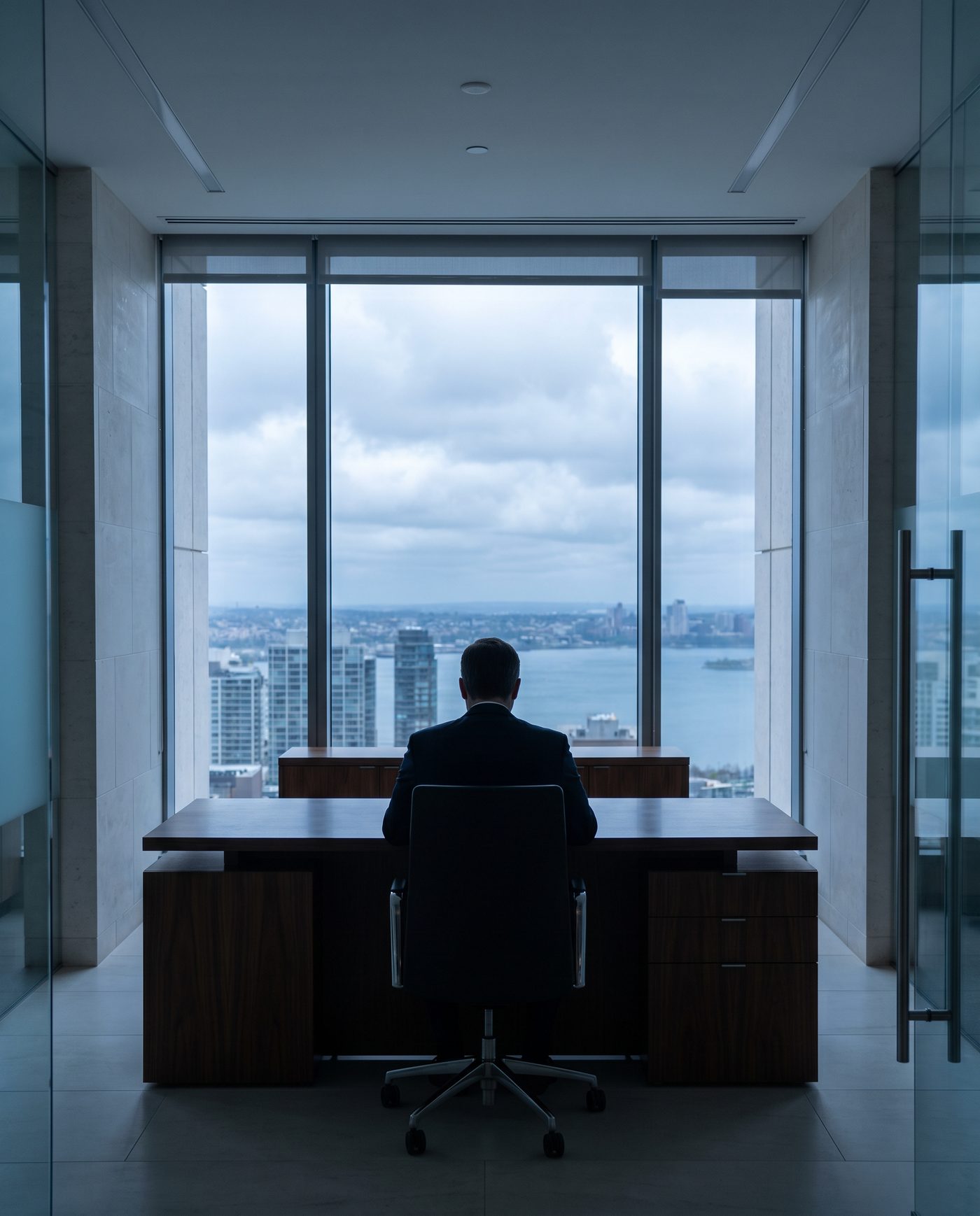 An adult in business dress at a walnut desk, seen from behind.