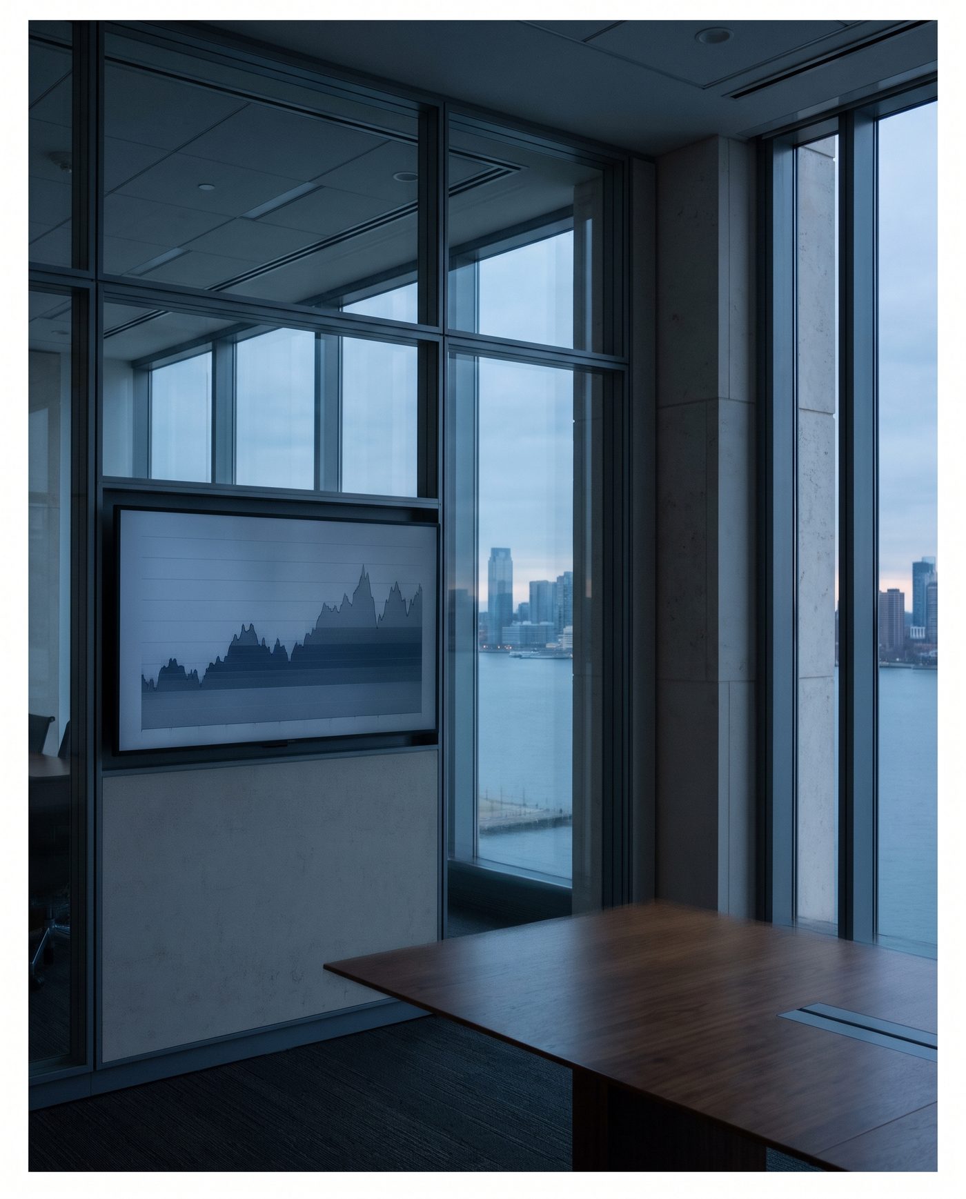 A wall-mounted screen showing a muted line chart in an empty glass-walled office.
