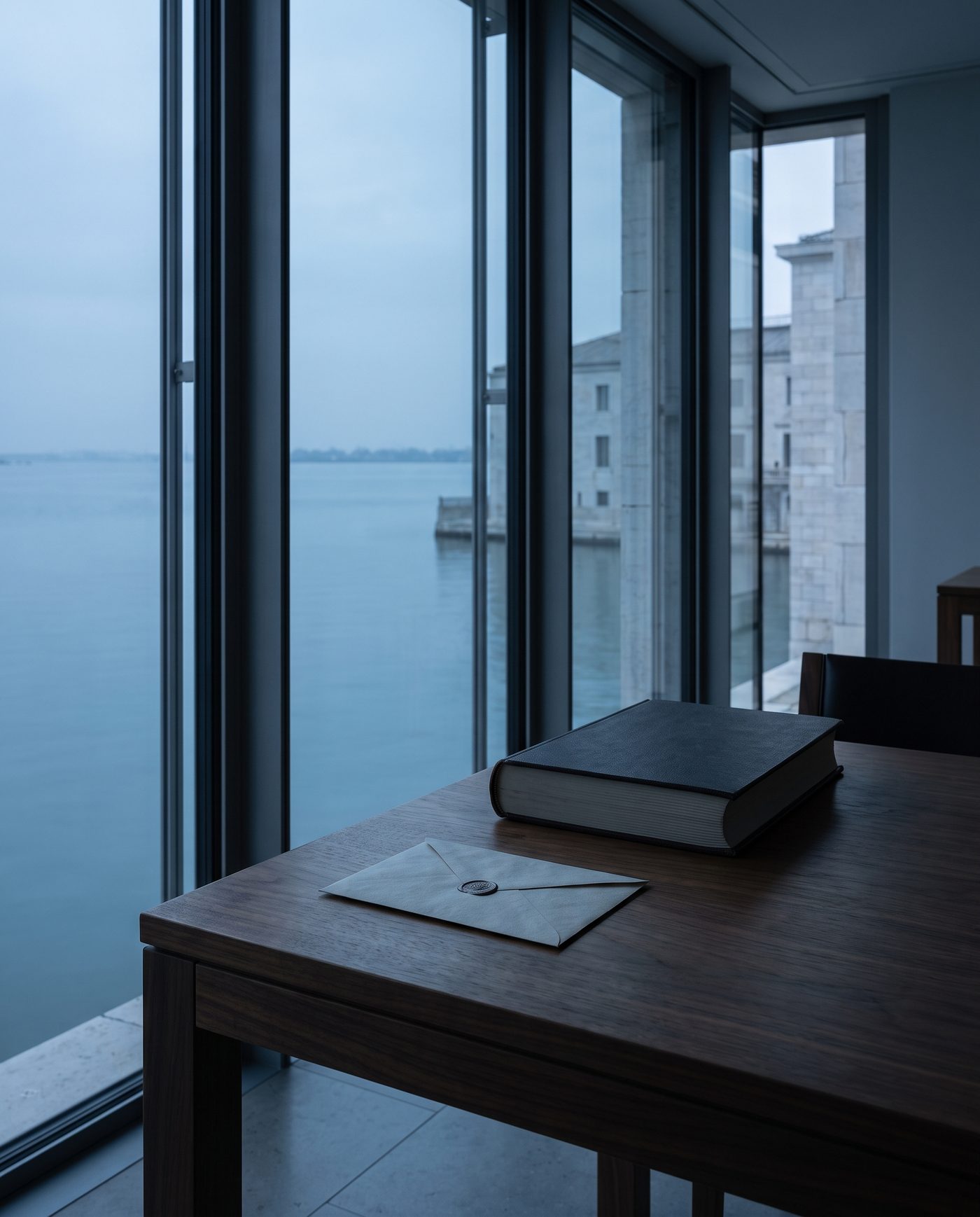 A single sealed envelope on a walnut table beside a closed ledger.