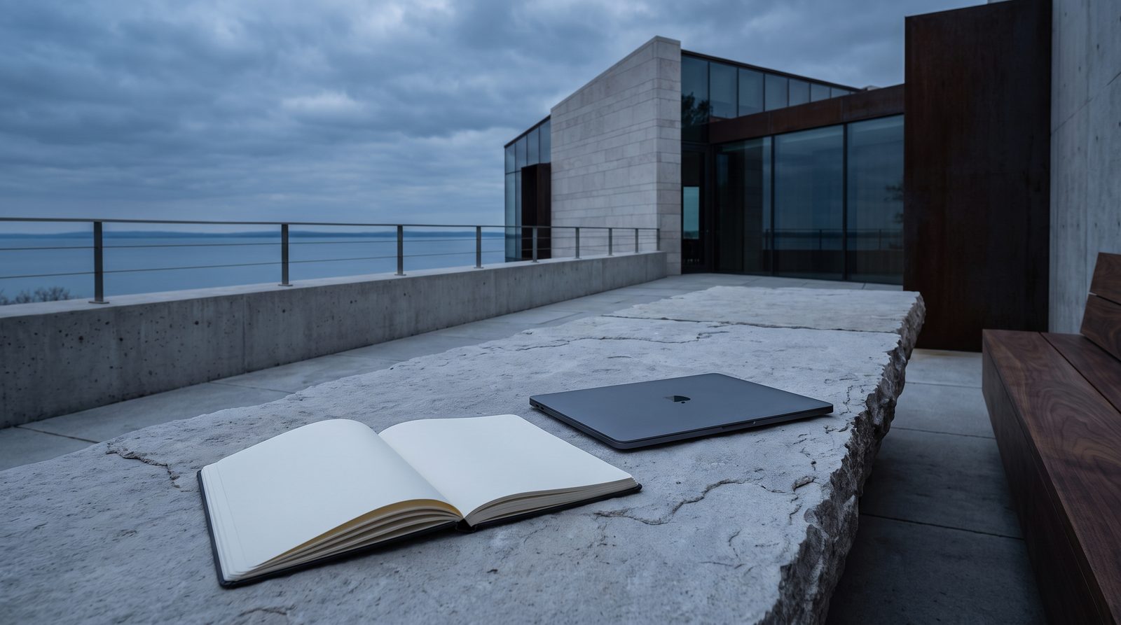 An open notebook beside a closed laptop on pale stone.