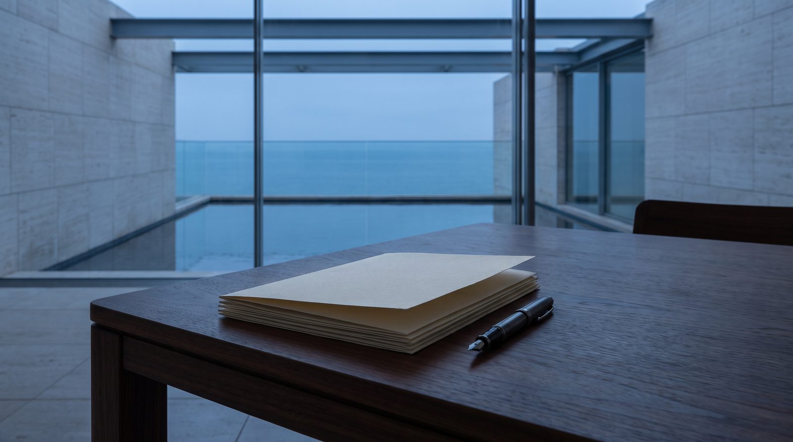 A folded letter beside a pen on a walnut table.
