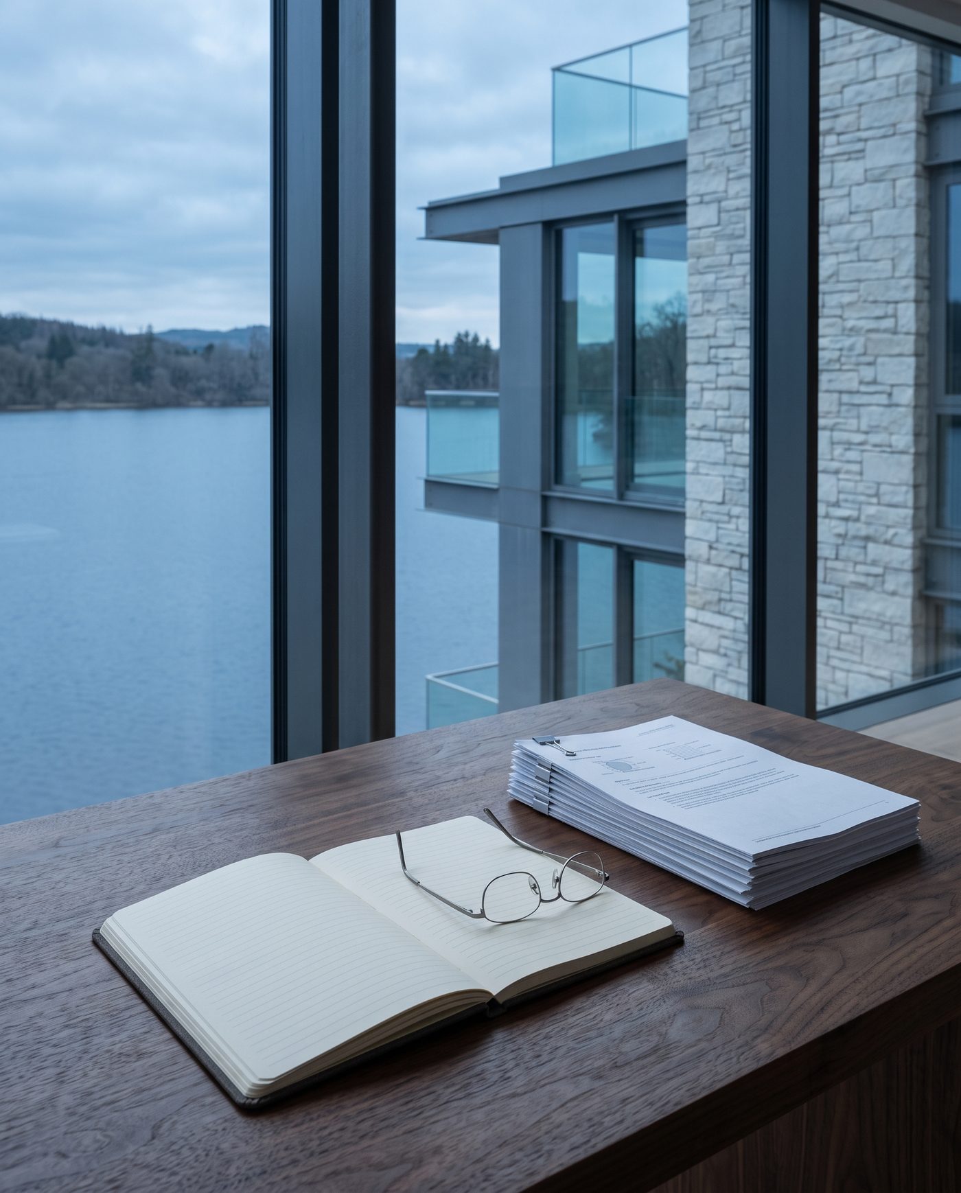 An open notebook and reading glasses on a walnut table beside a stack of printed reports.