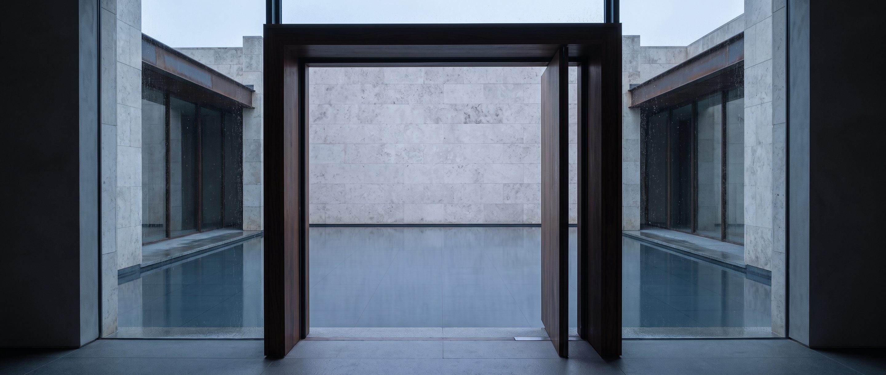 A still reflecting pool against a plain stone wall, overcast light.