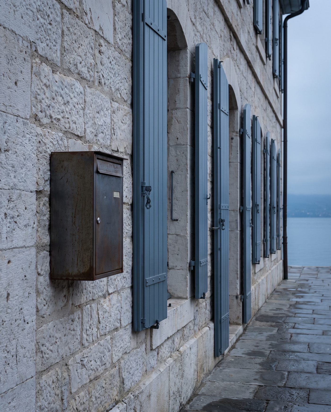 A single mailbox on a stone wall beside a row of shuttered windows.
