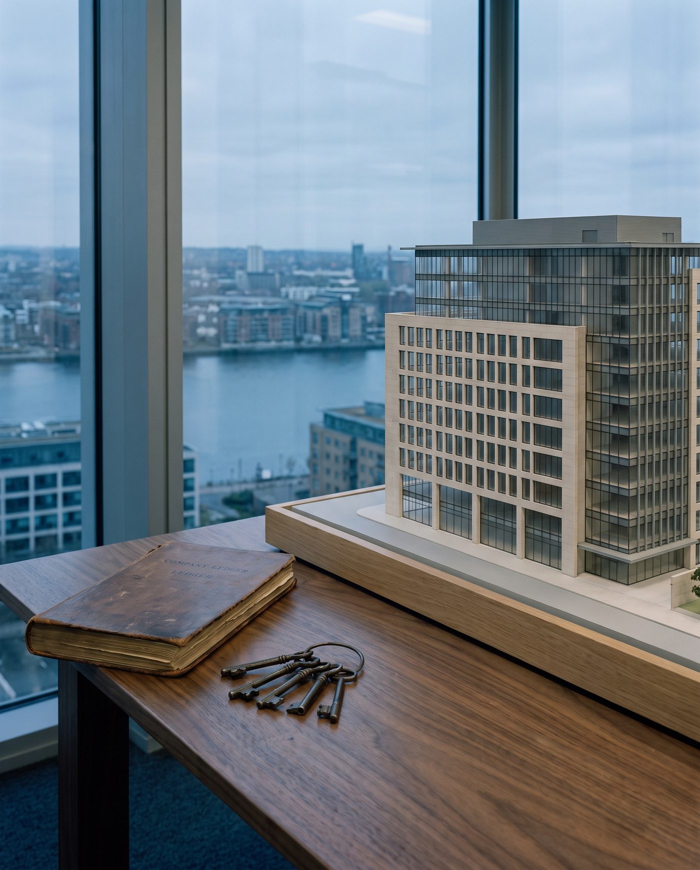 A set of keys and a company ledger on a desk beside a small maquette of an office building.