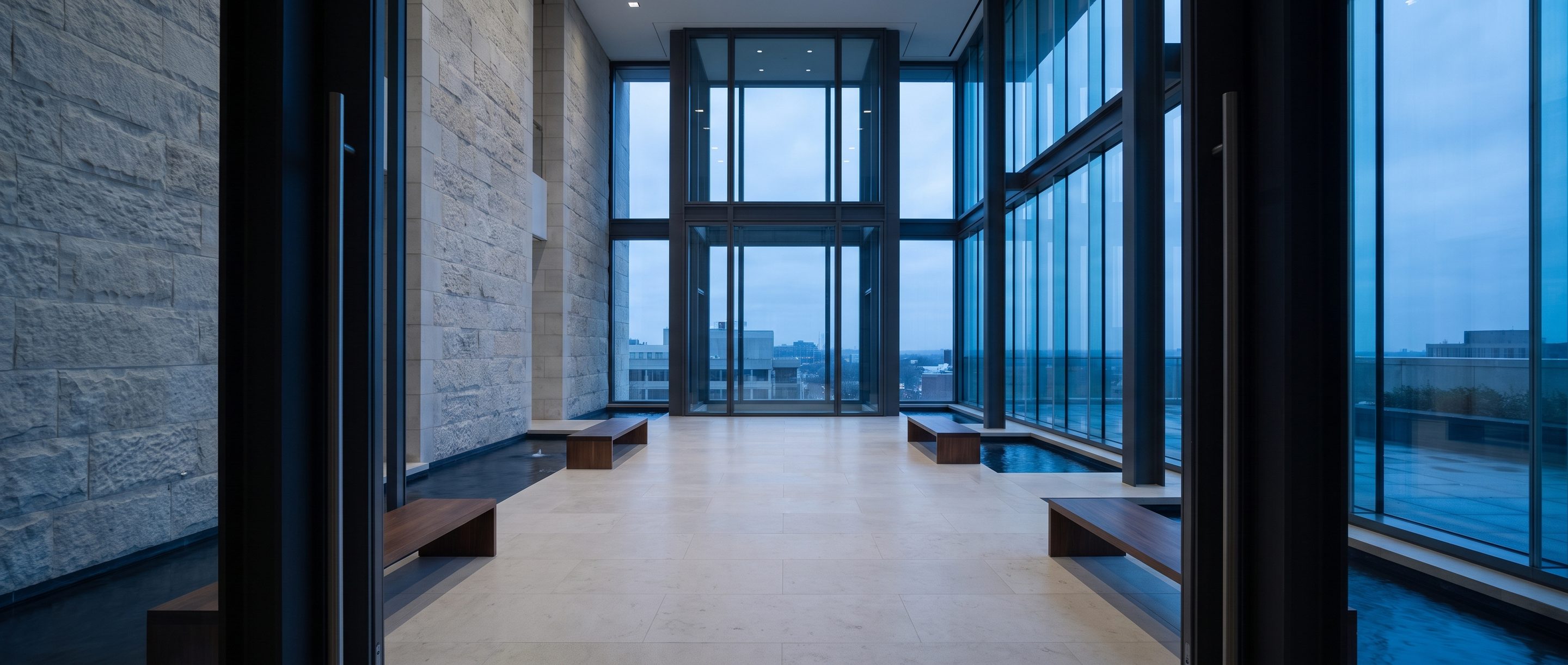 A quiet stone-and-glass office lobby, pale limestone floor.