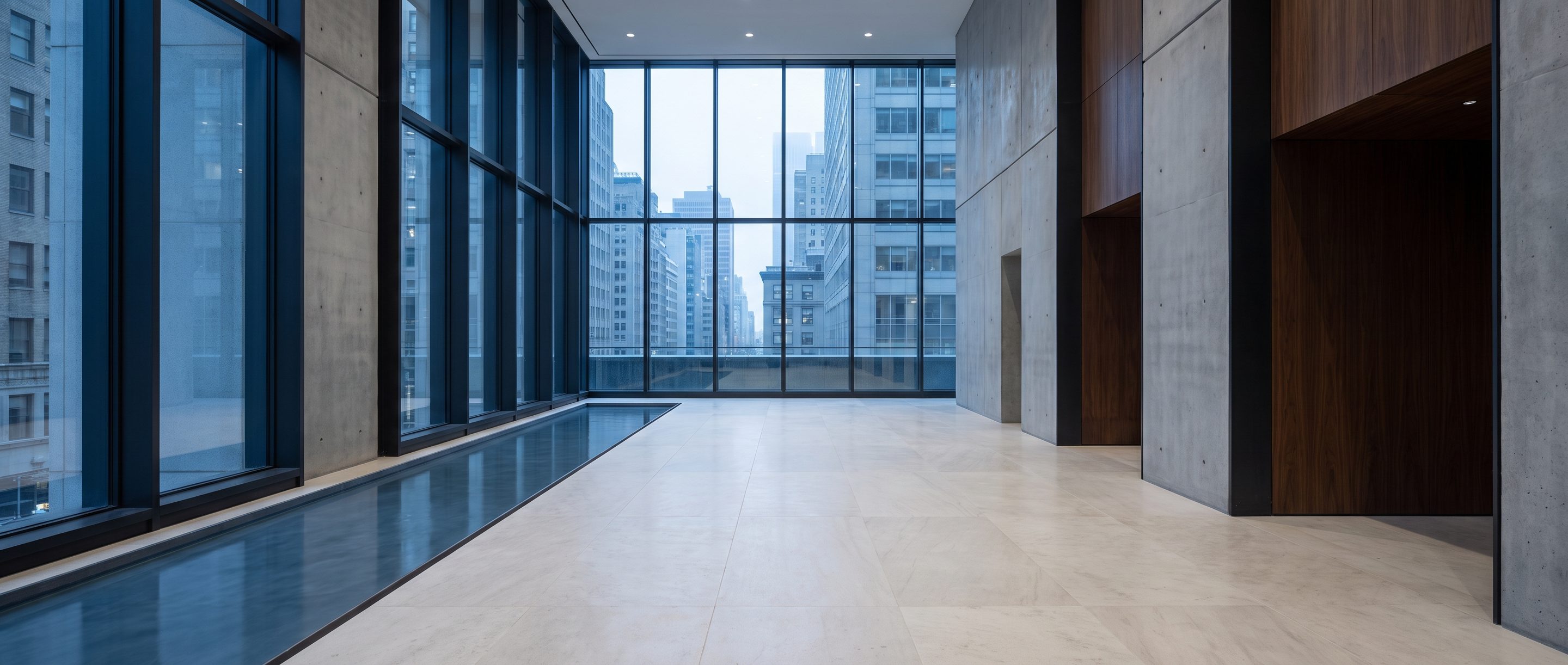 A quiet stone-and-glass office lobby, pale limestone floor.